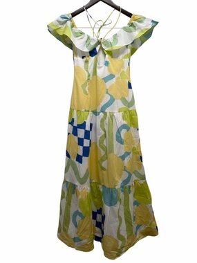 Sabo Skirt Adorne Midi Dress Checker Floral Aliza Print Yellow Blue Size X-Small